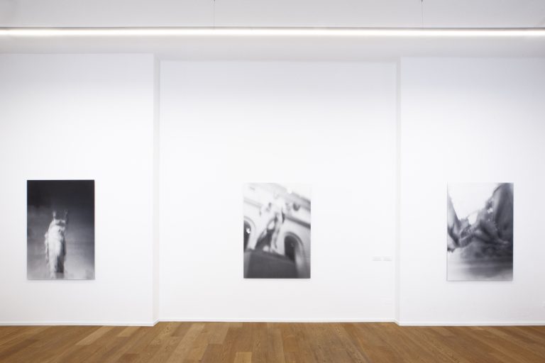 (left) Museum Rules (Temperance), 2021; (centre) Museum Rules (Perseus with the Head of Medusa), 2021; (right) Museum Rules (Andromeda and the Sea Monster), 2021, black and white gelatin silver prints, 150 x 104.5 cm, edition of 3 each